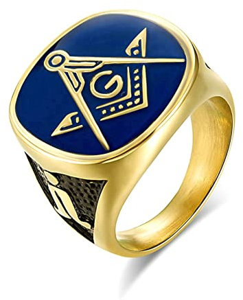 Ayoiow Ring Herren Biker, Herrenringe Edelstahl Biker Freimaurer Siegelring Gold Größe 62 (19.7)
