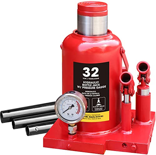 Torin Welded Hydraulic Double Piston Car Bottle Jack with Pressure Gage and Slow Release,32 Ton(64,000 lbs),red, ATH932001BB