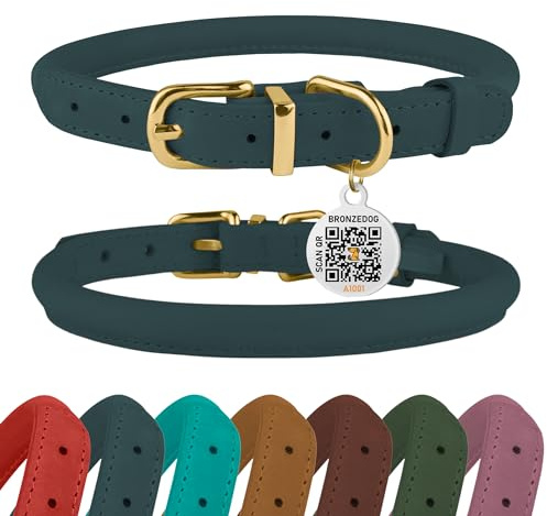 BRONZEDOG Rolled Leather Dog Collar with QR ID Tag Adjustable Soft Round Collars for Small Medium Large Dogs Puppy Cat (Denim, 40-48 cm)