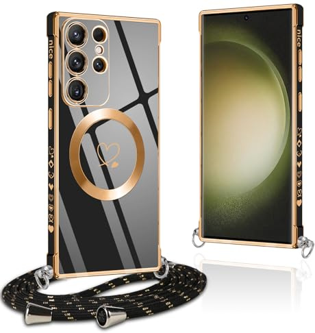 Pnakqil Magnetische Schutzhülle für Samsung Galaxy S23 Ultra Con Kordel, kompatibel mit MagSafe, Silikon Schutzhülle mit Motiv Liebesherz, verstellbar, für Samsung S23 Ultra, Schwarz