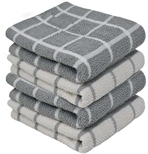 Towelogy® Premium Tea Towels for Kitchen 100% Cotton Lint Free Large Grey/White Jumbo Check Dishcloths Tear Resistant & Ecofriendly 45x65 cm (Grey/White, 4)