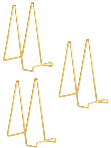 Large Plate Holder Display Stand - 10 inch Tall Plate Stands for Display - Metal Picture Frame Stand - Big Tabletop Easel Stand for Decorative Plates | Platter | Book | Plaque | Tile - 3 Pack - Gold