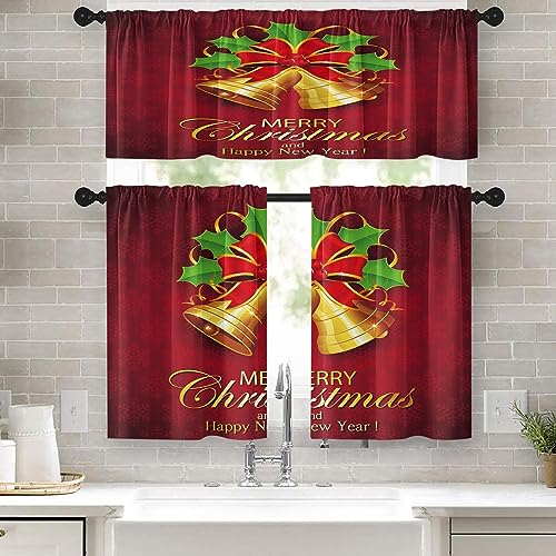 Emvency Frohe Weihnachten Küchengardinen rote Glockenfenster Vorhänge und Volants Set 91,4 cm, Happy New Year Kurzstöckiger Vorhang für Küche, kleine Küchendekoration
