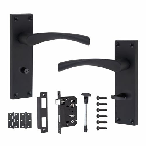 Golden Grace Victorian Scroll Astrid Door Handles Bathroom WC Toilet Complete in Matt Black with (GG) Bathroom Mortise Lock & 1 Pair of 3 Ball Bearing Hinges