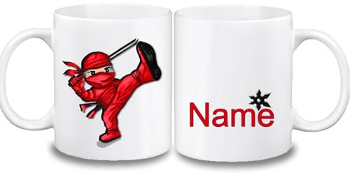 Kinder Tasse mit Name/Farbwahl Tasse + Schriftwahl für Name + Keramik oder Kunststoff (Ninja)