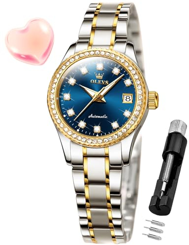 OLEVS Damen Automatikuhr Diamant Mode Luxus Kleid Mechanische Selbstaufzug Edelstahl Damen Armbanduhr für Frauen Leuchtend Wasserdicht, 7003-Blau, uhren für damen