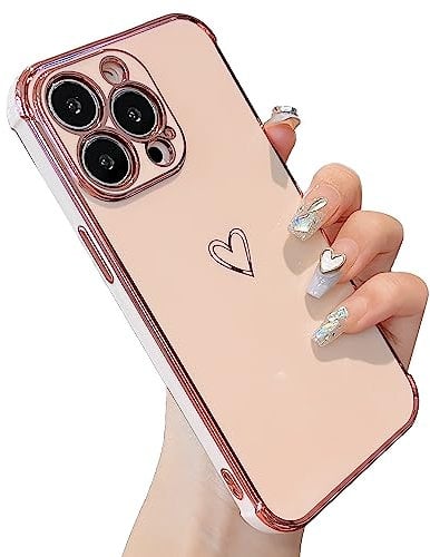 ZTOFERA Compatible with iPhone 14 Pro (6.1) Case for Girls Women, Flexible Silicone Protective Phone Case with Cute Love Heart Pattern Gold Edging Shockproof Bumper Cover, Pink