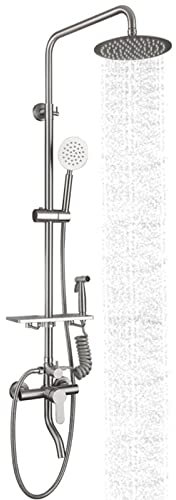 N/A 304 Stainless Steel Shower Faucet Set Wall Mount Four-Function Shower System with Shelf, Bathroom Single Handle Shower Mixer Tap, Brushed Nickel