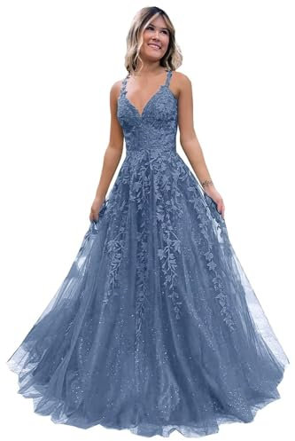 Women's Lace Applique Prom Dresses Long Tulle Bridesmaid Dress A Line V Neck Formal Party Ball Gowns with Slit Dusty Blue 6XL