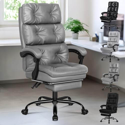 ALFORDSON Bürostuhl, Ergonomischer Computer-Schreibtischstuhl mit Fußstütze, Dreipolsterige Form eines Netzstuhls mit Hoher Rückenlehne, 150° Neigbarer Liege, PU-Leder, Grau