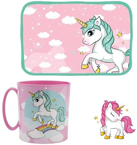 Set Merenda Colazione 2 Pezzi con Tovaglietta Ripiegabile Morbida Sottopiatto Pieghevole e Tazza Bicchiere 350ml per Microonde (UNICORNO)