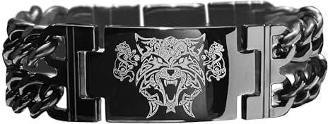 bahamut Mens Viking Odin Gungnir Mjolnir Stainless Steel Cool Cuban Chain Link Bracelet for Men,Norse Cuff Wristband Jewelry (Black Wolf)