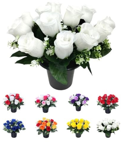 Rose Artificial Flowers in Grave Flower Pots – Realistic UV Resistant & Long-Lasting Design for Cemetery Decorations, Grave Displays, Funerals, Memorial Tributes, Home & Garden Arrangements (White)