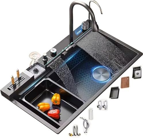 Stainless Steel Sink with Waterfall Black Large Single Bowl Sink - Water Temperature Display & Complete Accessories (88x48x23cm)
