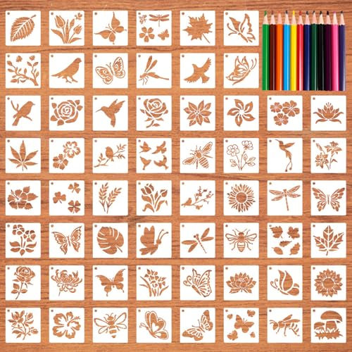 VBRHFRIF 60 Pieces of Flower and Plant Painting Templates, 12 Pieces of Painting Pencils, Engraving Templates, DIY Hollow Templates, Children's Painting Templateswall Painting Template Set