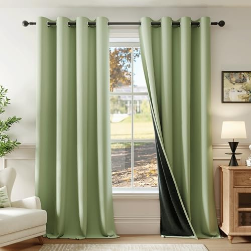 Beauoop Verdunkelungsvorhänge, Salbeigrün, 100% lang, 160 cm lang, 2 Paneele für Schlafzimmer, Wohnzimmer, solide Raumverdunkelung, wärmeisoliert, schalldicht, energiesparend, Ösenvorhänge, 132 x 160