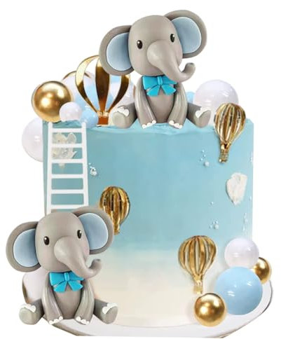Baby Elephant Cake Topper with Blue Elephant Hot Air Balloon 20 pcs Balls for Elephant Theme Birthday Baby Shower