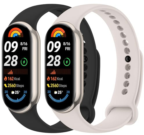 Mugust 2 Stück Armband für Xiaomi Mi Band 8/Xiaomi Mi Band 9/Xiaomi Mi Band 10, weiches Silikon, atmungsaktiv, Ersatzarmband für Xiaomi Mi Band 9/Mi Band 8, Sternenlicht+Schwarz