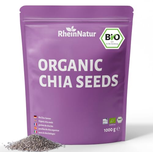 RheinNatur Bio Chia Samen 1 kg - 100% Bio Chiasamen - Reich an Proteinen, Ballaststoffen & Omega-3-Fettsäuren - Ideal für Salate, Joghurt, Müsli & Chia-Wasser - 1000 g Beutel