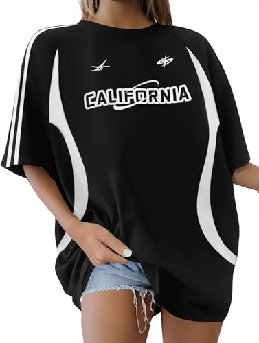 Xnova Oversized Tshirt Damen Gedruckt Kurzarm, Vintage Y2K Tops Rundhals mit Stripes, Sommer Oberteile Casual Streetwear Lose Basic Tee Shirts für Teenager Mädchen (Schwarz, M)