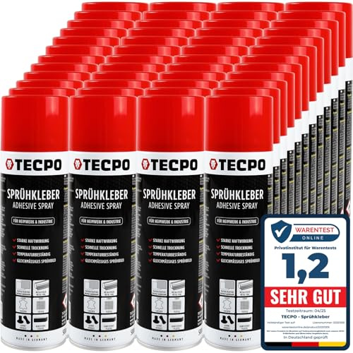 TECPO Sprühkleber 48x 500ml, Industriekleber, Stark haftend, Schnelle Trocknung, Hohe Temperaturbeständigkeit, Vielseitig für Textilien, Leder, Schaumstoffe, Dämmmaterialien, PVC, Papier