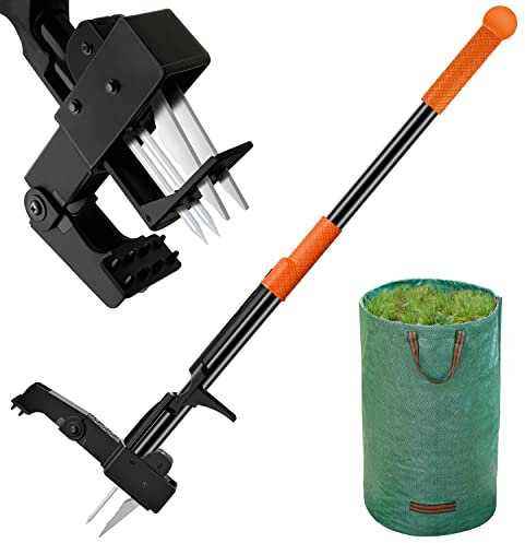 Weed Remover Tool - Weed Puller, 4 Claws High-Strength Stainless Steel, 1m Long Handle Stand-up Gardening Weed Puller Root Remover with Bag, Ergonomically Designed Without Bending or Kneeling
