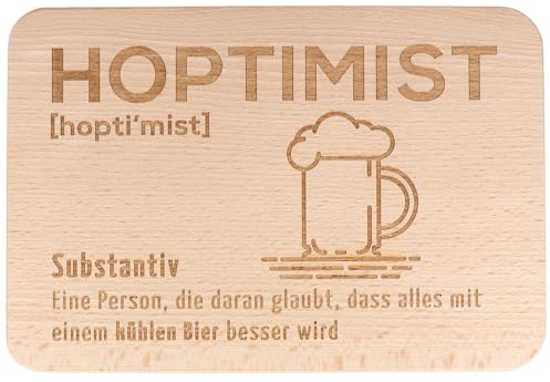 Spruchreif | Frühstücksbrettchen Hoptimist | Schneidebrett aus Buchenholz | Bierliebhaber Geschenk | Brettchen mit Gravur | Bier Geschenkidee | 22 x 15 cm