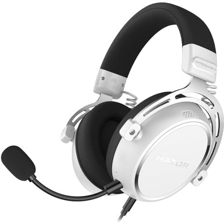HATOR Hypergang 3 Gaming Headset – Hi-Res Audio, 53mm Treiber, abnehmbares Mikrofon, 3,5mm, Noise Isolation, Memory Foam, PC, PS5, Xbox, Switch - Weiß