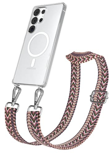 EAZY CASE Handykette - Verstellbares Taschenband kompatibel mit Galaxy S25 Ultra, Schulterriemen, Handykordel mit Silikon Hülle, Qi Charging kompatibel, Umhängetasche, Beere Pink Silber