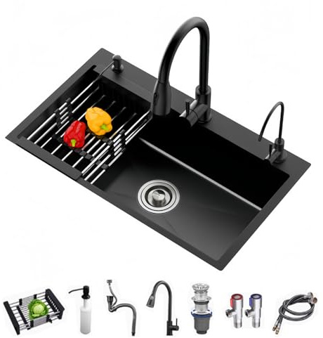 Ecoxsnz Fregadero de cocina 50 x 45 cm, Fregadero de cocina un Seno 304 Acero Inoxidable con tres agujeros y dispensador de jabón (Negro, 50x45cm)