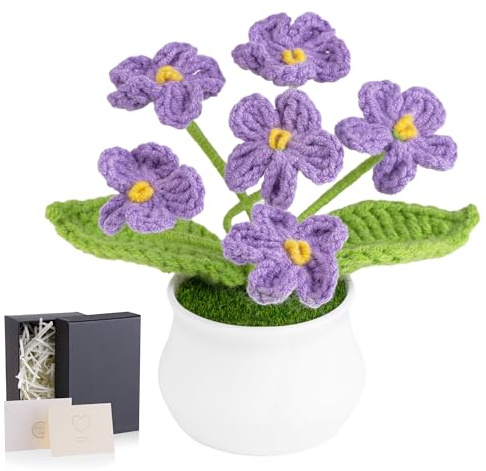 MAIBAOTA Handmade Purple Crochet Flowers Forget Me Not | Knitted Flower Bouquet Potted Plants Cute Small Stuff Birthday Gifts for Women Desk Decorations Accessories