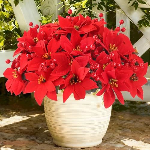 XIMISHOP 10 Stück Künstliche Weihnachtsstern Blumen, Künstlich Weihnachtsblumen Beeren Rote Weihnachtssternstrauß Kunstblumen Weihnachtsstrauß Blumenstrauß Weihnachtsdeko für Party Hochzeit Deko