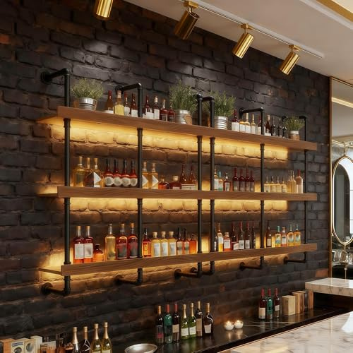 FKKPRVAX 3-Tier Large Wall-Mounted Wine Rack with LED Light, Industrial Style Floating Solid Wood Bottle Rack, Liquor Bottles Shelves Display Storage Organizer for Bars and Restaurants, Home (200CM)