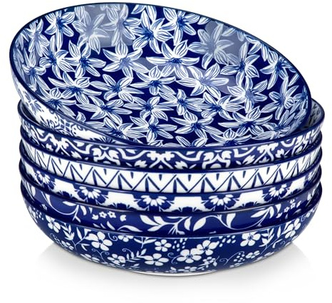 vancasso Selene 1500 ml Pasta Bowls Set of 6, Blue-and-White Salad Bowl
