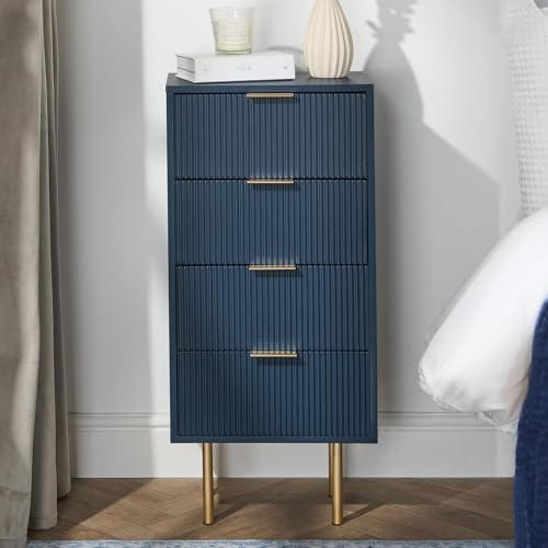 OHS Bedside Table 4 Drawers, Decorative Ribbed Wooden Nightstand Side Tables Large Storage Slim Bedside Cabinets Bed Side Table for Bedroom Living Room, Navy - 78 x 36 x 24cm