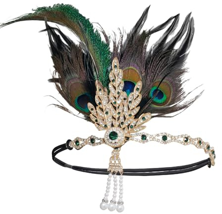 HPMAISON 1920er-Jahre-Flapper-Kopfschmuck für Damen Vintage-Accessoires der Goldenen Zwanziger Great Gatsby Haarband Elastisches Stirnband Grüne Pfauenfedern Fascinators für Kostümpartys