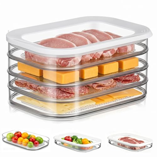 wiksite 4-Layer Bacon Storage Box for Fridge - Stackable Meat Container Transparent Fridge Storage Containers with Lids for Cold Cuts, Cheese & Meal Prep Containers - BPA-Free - PP