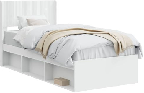 vidaXL Bettgestell mit Stauraum und Kopfteil Weiß 90 x 200 cm, Moderne Bettgestell, rechteckig, Stauraum, Latten-Design, praktische Möbel für Dein Schlafzimmer