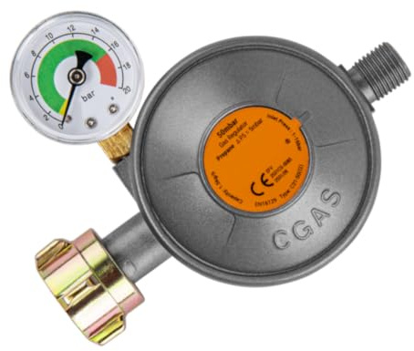 TAMS Gasdruckminderer 50 mbar mit Manometer und EFV-Sicherheitsventil, Gasregler 1,5 kg/h für Gasflaschen, Grill, Gasherd und Heizgerät, Anschluss W21,8 x 1/14 LH auf G1/4 LH, nach EN16129