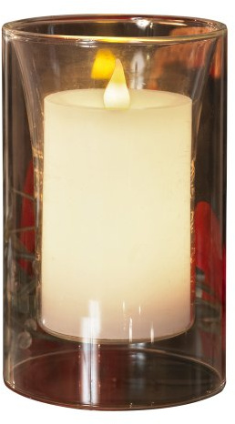 Konstsmide LED Echtwachskerze in Glasvase (10 x 8cm / 18.5 x 11cm), mit an/aus Schalter und Lichtsensor, 2 warm weiß flackernde Dioden, batteriebetrieben, Innen, 2 x AA 1.5V (exkl.) - 1970-000
