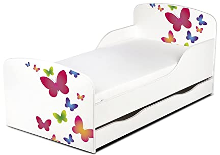 Leomark Einzelbett aus Holz - Schmetterlinge - Kinderbett mit Schubladen für Bettwäsche, Stauraum, Holzbett mit Matratze + Lattenrost, Komplett Set, Liegefläche 70/140 cm, UV-Druck