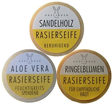 3er Set Haslinger Rasierseife, Sandelholz, Ringelblume, Aloe Vera & Rasierklingen Checkliste