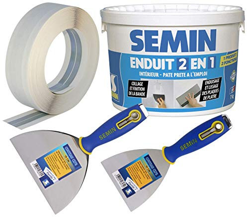 Semin Bande Armée pour la Réalisation et le Renfort des Angles Sortants - 30 m, Enduit 2 en 1 - Seau de 7 kg, Couteau à Enduire - 10 cm et Couteau - 15 cm