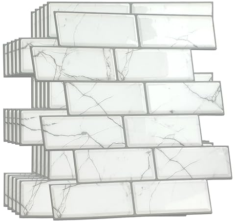 WALPLUS White Marble eclectric 3D Metro Sticker Tiles 30 x 15cm Premium Wall Splashbacks Mosaics, Self Adhesive, Glass Effect, Peel and Stick, Bathroom Decoration, DIY, Kitchen Décor