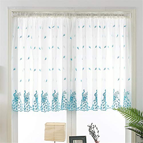 RAILONCH Scheibengardine, 1er Pack Kurzgardine Bistrogardinen Voile Vorhang, Transparente Gardine mit Pfauen-Stickerei Muster (Blau,100 x 120 cm)