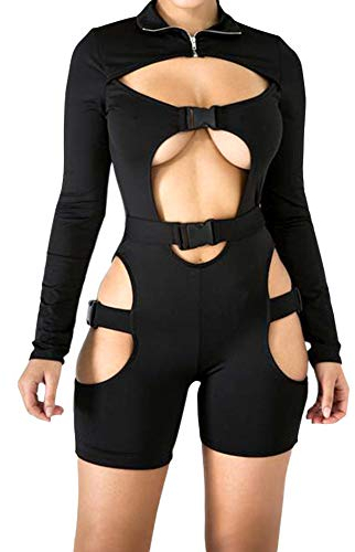 Damen Jumpsuit mit langen Ärmeln und Reißverschluss am Ausschnitt, für den Sommer, mit Schnalle, Schwarz , 32-34