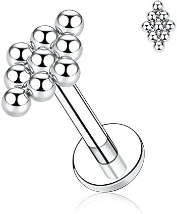 hengkaixuan 16G G23 Titan Labret Studs Innengewinde Lippen Studs Flat Back Labret Tragus Piercing 6mm Monroe Medusa Lip Piercing Silber mit 9 Kugeln Lobe Knorpel Conch Ohrring Schmuck