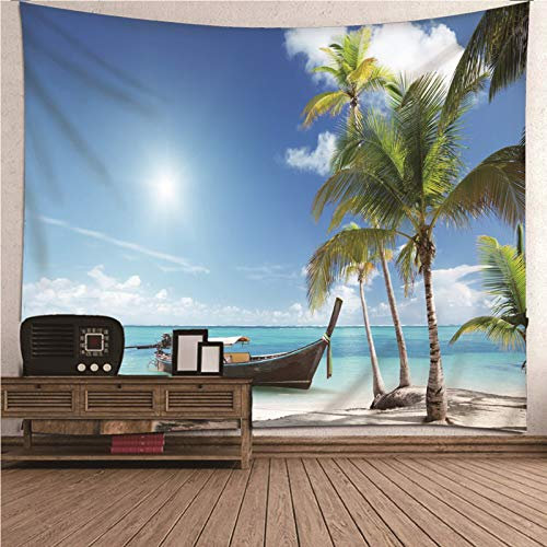 Beydodo Wandteppich Wall Hanging, Wandteppich Modern Kokospalme Schiff am Meer Tapisserie Wandbehang 350X256CM