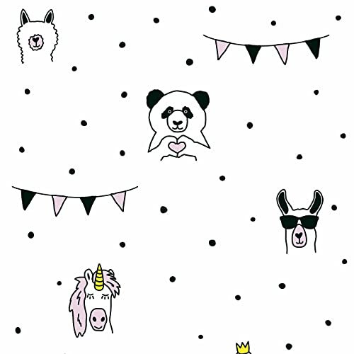 Coole Tapete mit Tieren | Schwarz weiße Mädchentapete mit Lama Einhorn und Panda | Kinderzimmer Vliestapete mit Girlande und Punkten