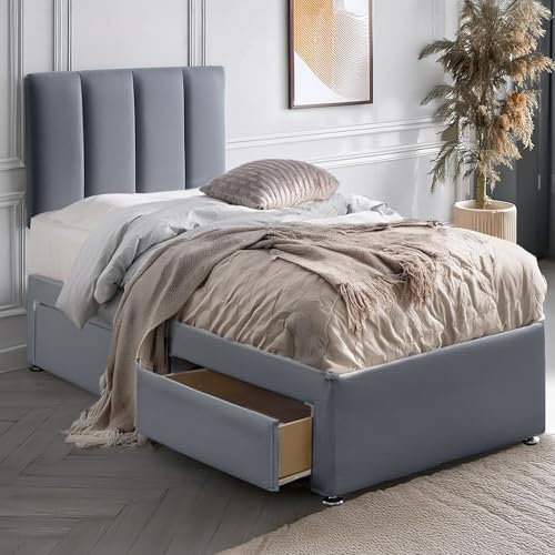 ComfoRest - Refined 3FT Single Bed with Mattress & 2 Drawers | Versatile Set for Compact Rooms | Durable Beds for Everyday Use | Practical Choice for Comfortable Living (Grey Plush)